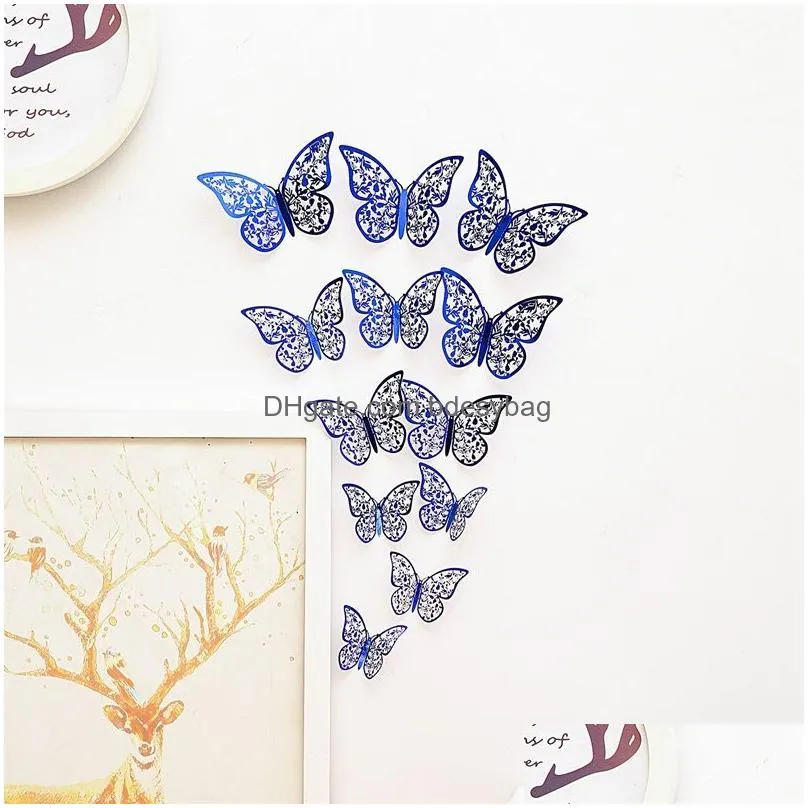 Wall Stickers Creative Rose Golden 3D Wall Stickers Hollow Butterfly For Kids Rooms Home Decor Diy Fridge Sticker Room Decoration 12 P Dhncc