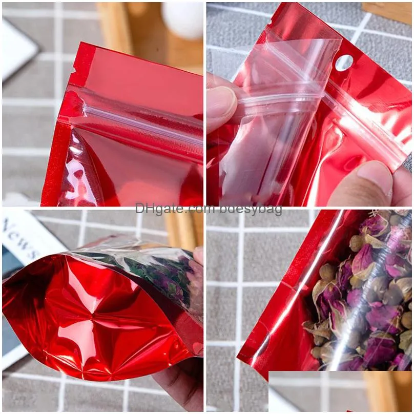 clear plastic red aluminum foil self seal stand up bag with hang hole resealable reclosable food doypack pouches lx5483