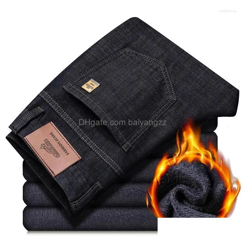 mens jeans 2023 winter fleece warm classic style business casual thicken regular fit denim pants black blue brand trousers