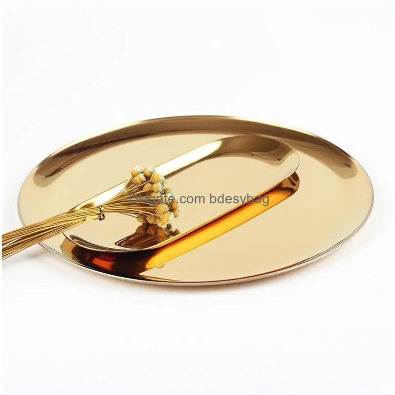 stainless steel round storage trays fruit tea home decoration tray dish plate gold serving food container kitchen organizer wholesale