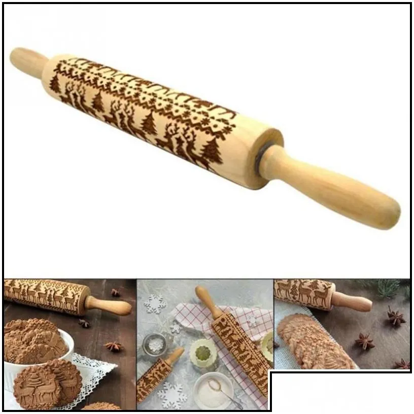 Rolling Pins & Pastry Boards Rolling Pins Pastry Boards Christmas Embossed Pin Engraved Carved Wood Baking Biscuit Fondant Cake Dough Dhbsr