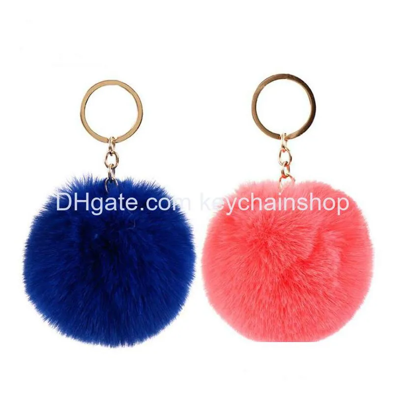 35 colors furry fluffy puff 8cm faux rabbit fur ball pom keychain gold keyring handbag keychains