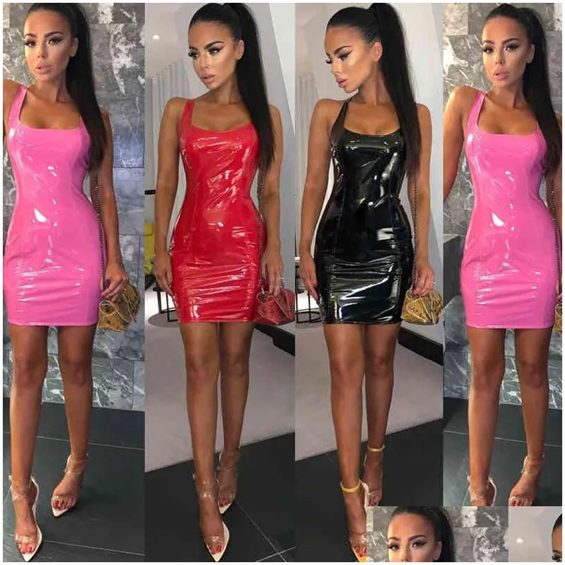 women pencil dress summer fashion sexy ladies pu leather bandage bodycon strap sleeveless party mini black pink red clubwear 210522