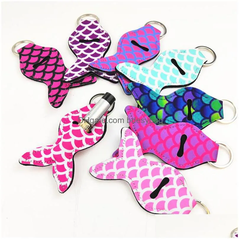 mini cute neoprene mermaid chapstick cover holder keychain lip gross chapsticks wrap key ring fashion sleeve charms lx0240