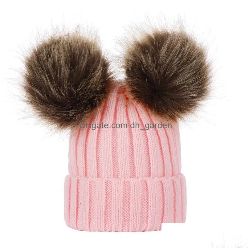 knitted wool cap beanie adults and children double wool ball hat parentchild winter warm hats
