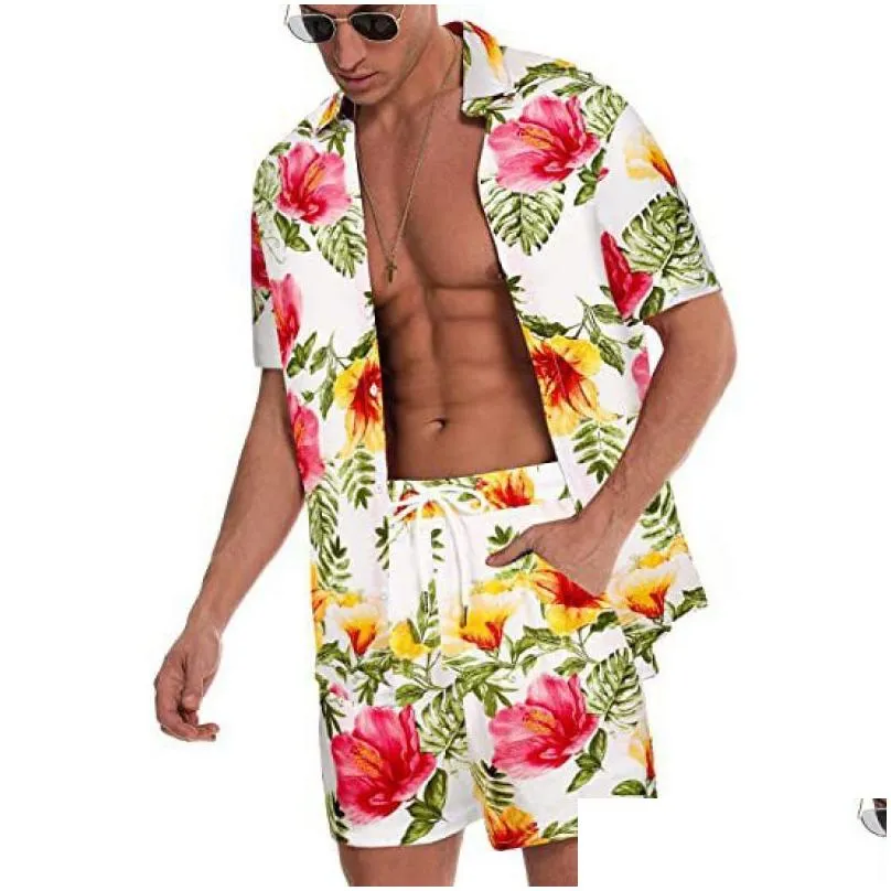 mens tracksuits 2023 summer hawaii trend printing sets men shorts shirt clothing casual round collar floral beach short sleeve suit