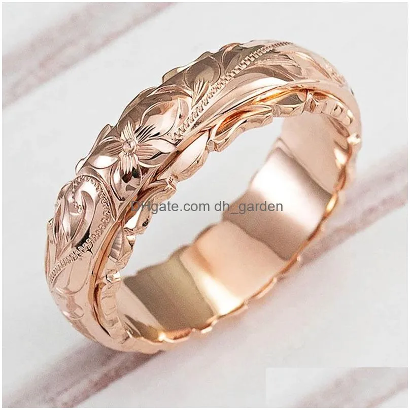 Band Rings Huitan Elegant Craved Flower Pattern Women Band Ring 3 Metal Colors Available Fine Wedding Bridal Rings Classic T Dhgarden Otecd