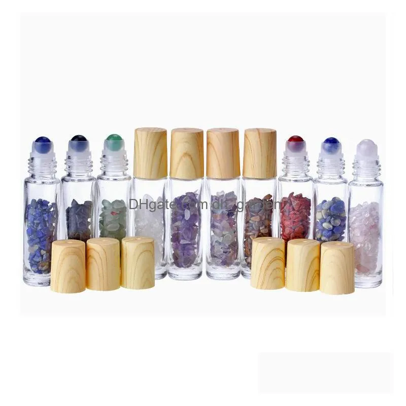  oil diffuser 10ml clear glass roll on perfume bottles with crushed natural crystal quartz stone crystals roller ball wood grain