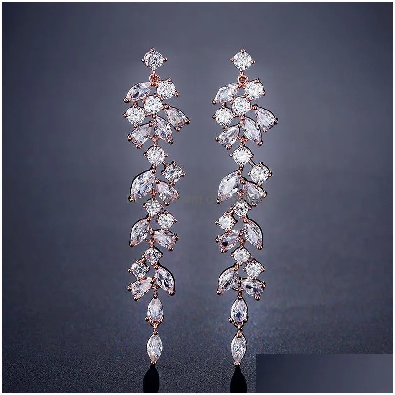 Dangle & Chandelier Fashion Cubic Zirconia Leaf Dangle Drop Earrings For Elegant Women Cz Crystal Long Tassel Bridal Wedding Dhgarden Otgo2