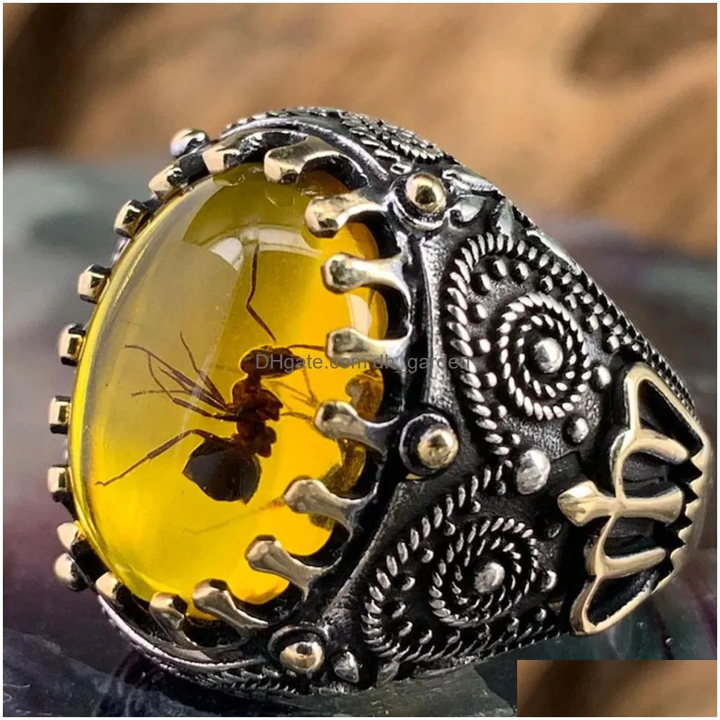 Band Rings Vintage Big Oval Simated Zircon Stone Rings For Men Women Ancient Sier Color Black Ant Ring 2022 Retro Turkish Je Dhgarden Otnry