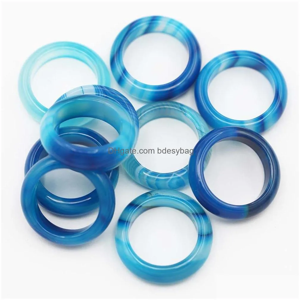 6mm band blue stripe agate stone rings women wedding finger ring size 17mm