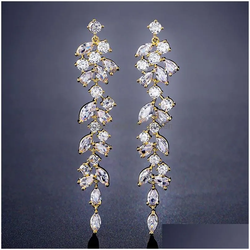 Dangle & Chandelier Fashion Cubic Zirconia Leaf Dangle Drop Earrings For Elegant Women Cz Crystal Long Tassel Bridal Wedding Dhgarden Otgo2