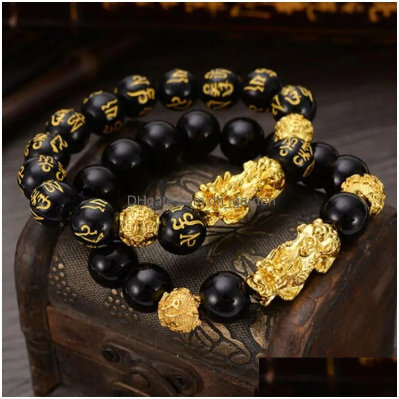 Charm Bracelets Feng Shui Obsidian Stone Beads Bracelet Women Uni Wristband Gold Black Pixiu Wealt Good Luck Bracelets Drop Dhgarden Oti4Z