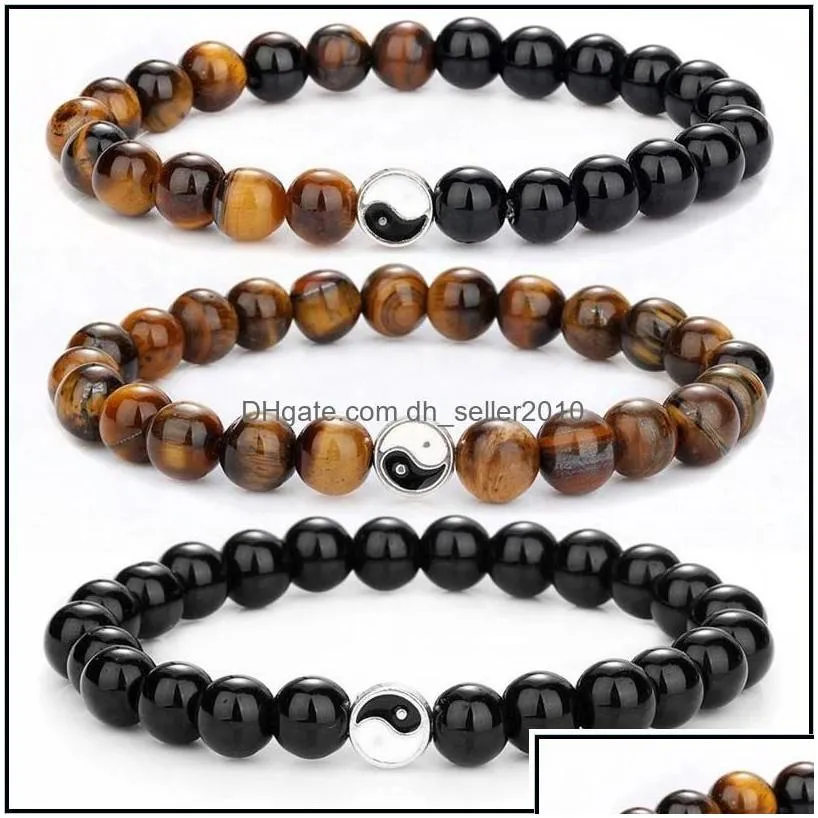 Beaded Strands Yin Yang Beaded Bracelets Strands For Men Lucky Couple Bracelet Women Black White Onyx Stone Beads Psera Bangle Jewel