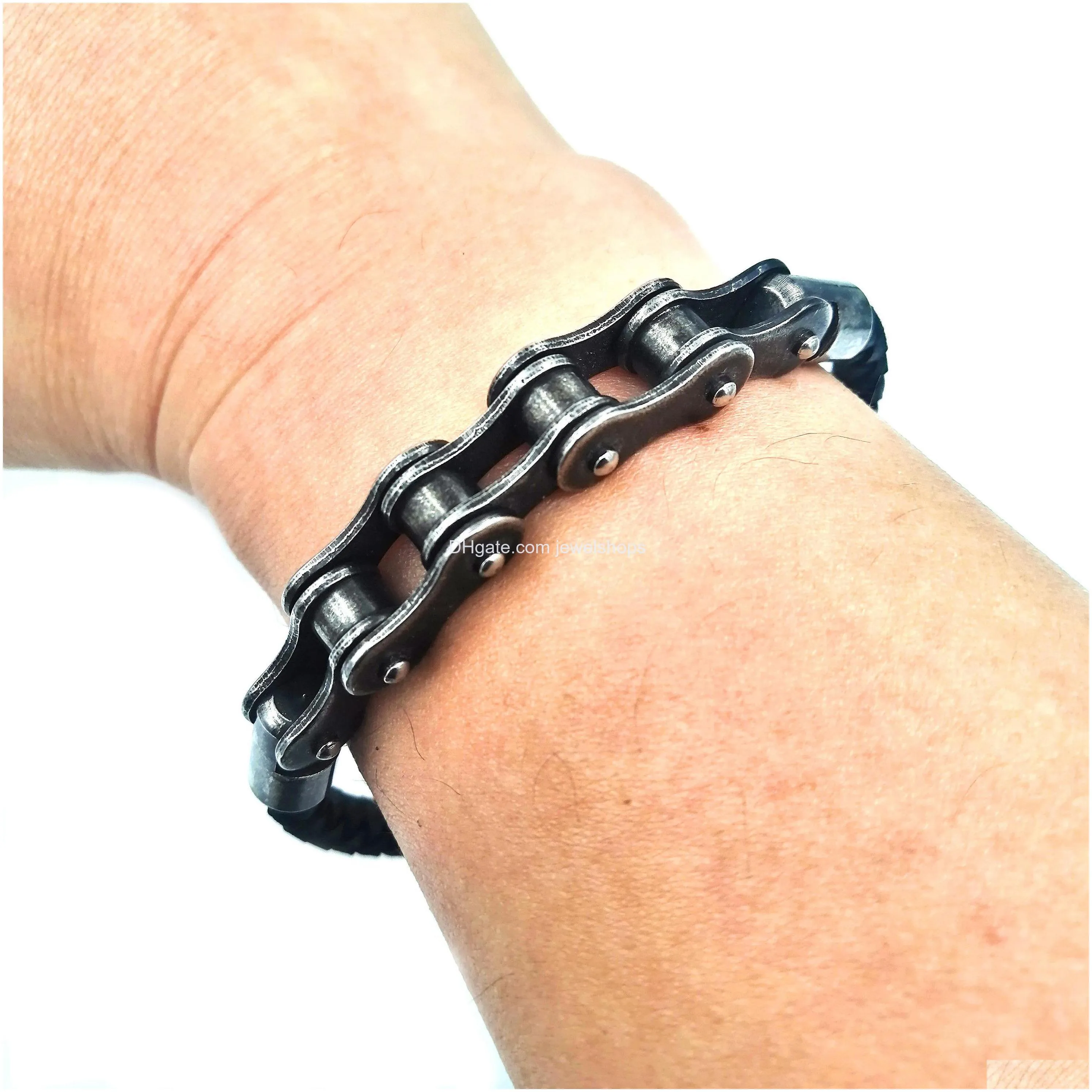 locomotive chain bracelet bangle punk rock style stainless steel motorcycle biker chain pu leather bracelets for men