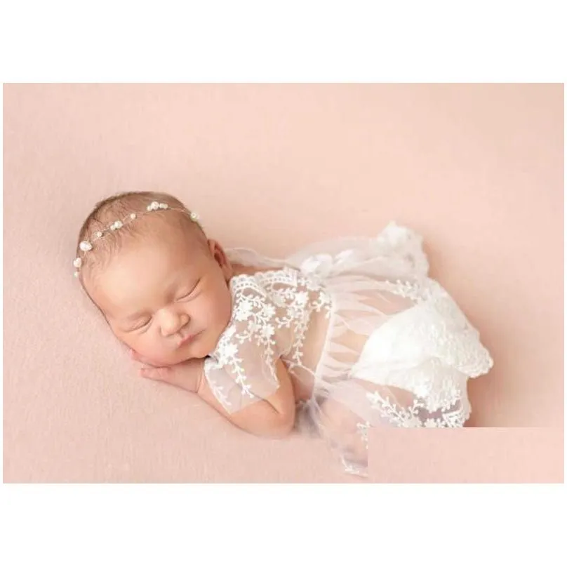 Christening dresses Newborn Photography Props Baby Girl Clothes Princess Dress Flower Headband Lace Romper Bodysuits Outfit Photography Clothing