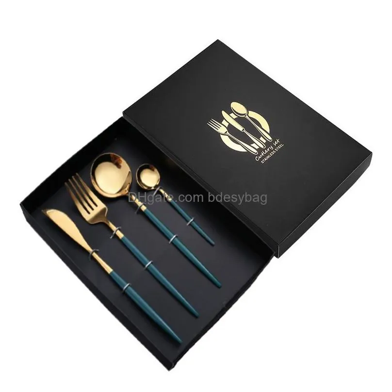 Flatware Sets Fashion Stainless Steel Golden Cutlery Flatware Sets Black Luxury Dinnerware Kitchen Mirror Polishing Fork Spoons Knives Dhpms