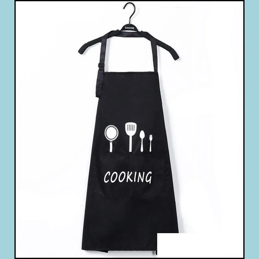 aprons with front big pocket waterproof oil proof kitchen knife fork print apron cooking baking household cleaning tools kit home