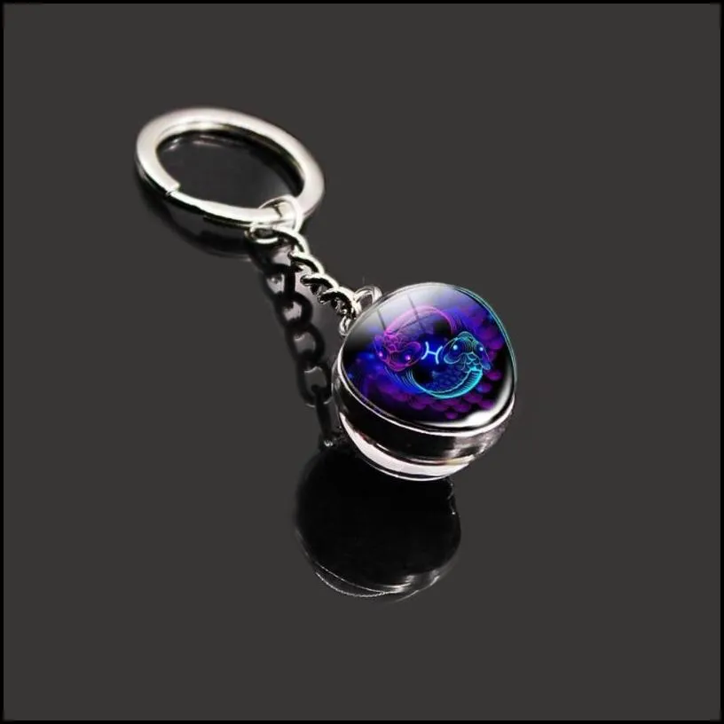 party favor 12 constellation time gem key pendant doublesided glass ball metal key charm wedding keyring chain buckle birthday valentines day