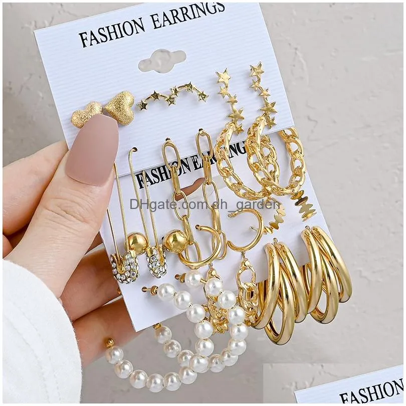 Dangle & Chandelier Vintage Gold Geometric Womens Earrings Set Fashion Pearl Circle Hoop Earring For Women Brincos Trend Fem Dhgarden Otwyn