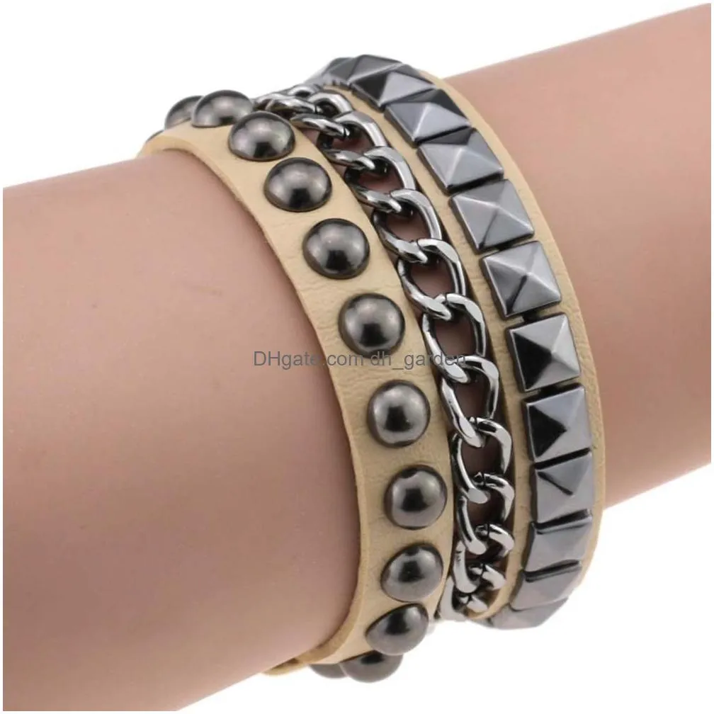 Chain Mtilayers Rock Spikes Rivet Chains Gothic Punk Wide Cuff Leather Bracelet Bangle 2021 Fashion Men Bracelets Jewelry Ps Dhgarden Otksy