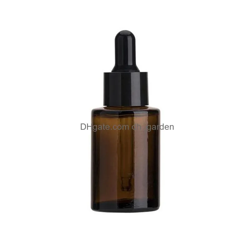 30ml glass bottle flat shoulder frosted/transparent/amber round essential oil serum bottles with glasses dropper cosmetic essence 3
