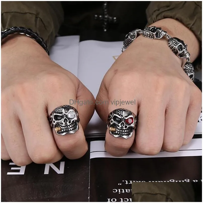 steel skull red white crystal eyes men punk ring jewelry quality fashion finger ring jewelry2567