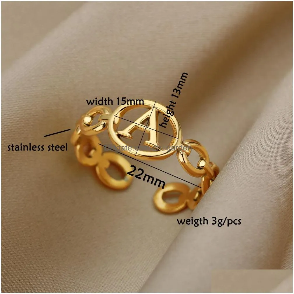 Band Rings Hollow Initial Letter Rings For Women Stainless Steel Gold Color Link Adjustable Ring Female Wedding Aesthetic Je Dhgarden Otkos