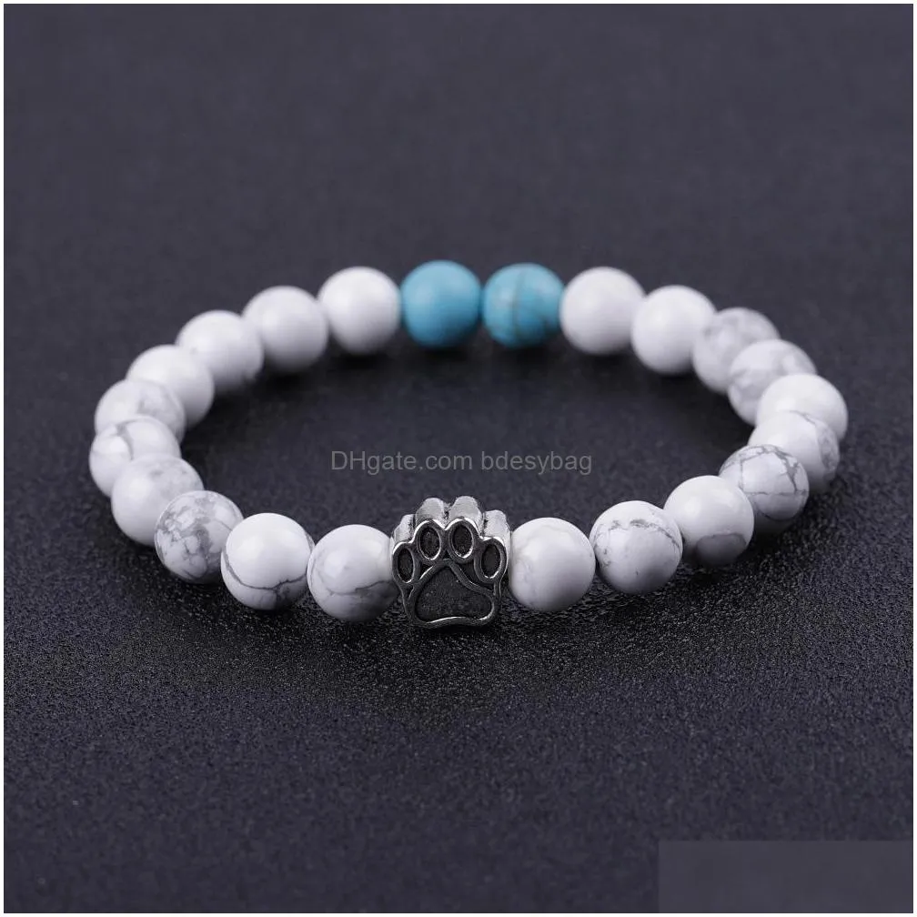 dog paw 8mm stone beads charms bracelet women men bangle beaded hand strings