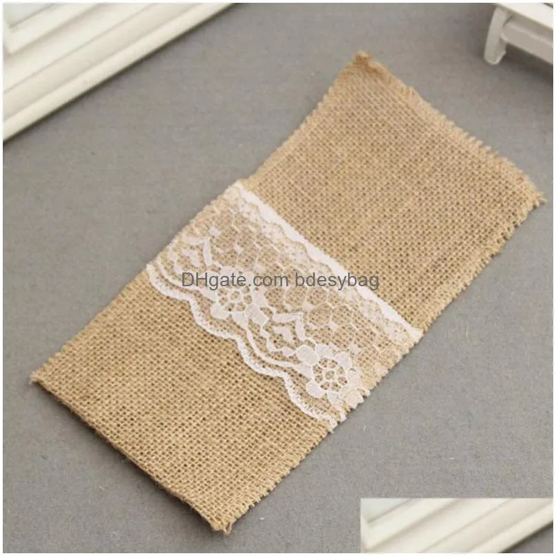 21 x11cm vintage jute tableware pouch pocket burlap lace knife and fork bag cutlery holder for wedding decoration za1341