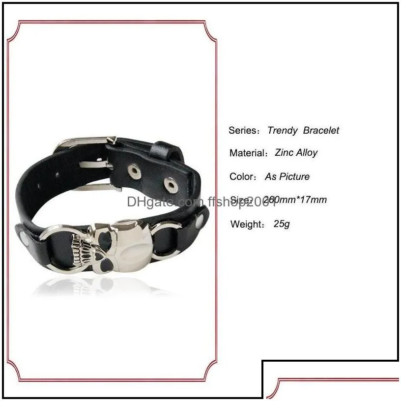 Charm Bracelets Trendy Mens Bike Leather Bracelet Europe Punk Vintage Black Wide Skl Skeleton For Men S Fashion Jewelry Drop Delivery