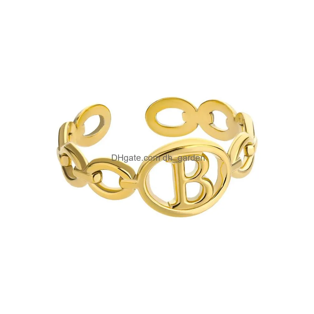 Band Rings Hollow Initial Letter Rings For Women Stainless Steel Gold Color Link Adjustable Ring Female Wedding Aesthetic Je Dhgarden Otkos