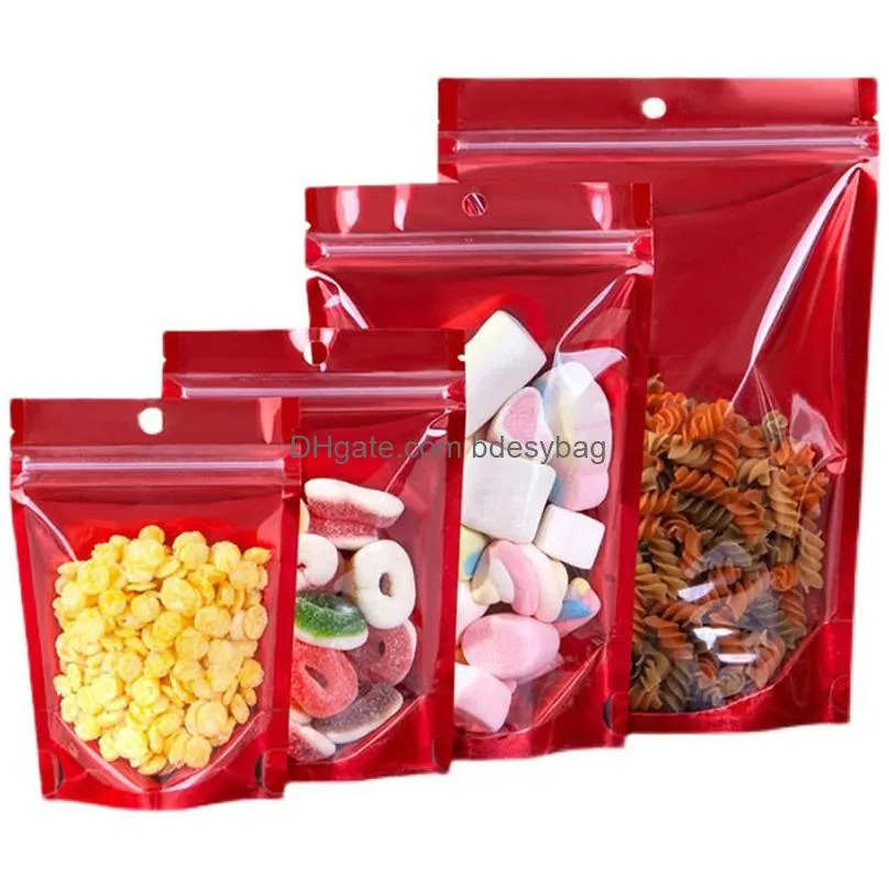 clear plastic red aluminum foil self seal stand up bag with hang hole resealable reclosable food doypack pouches lx5483