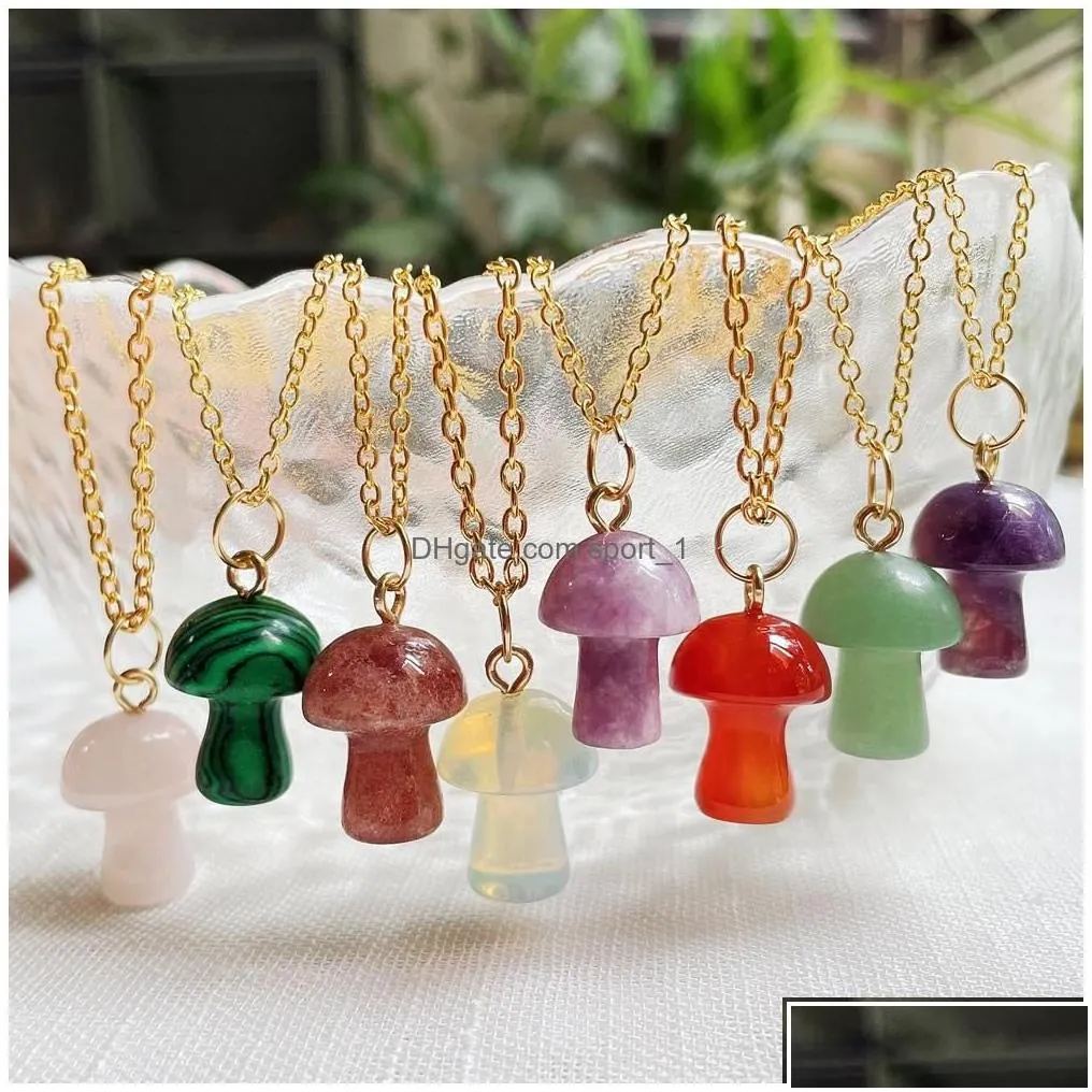 Pendant Necklaces Healing Natural Crystal Necklace Lovely Mushroom Charm Carnelian Opal Pink Purple Fashion Women Jewelry Drop Deliv