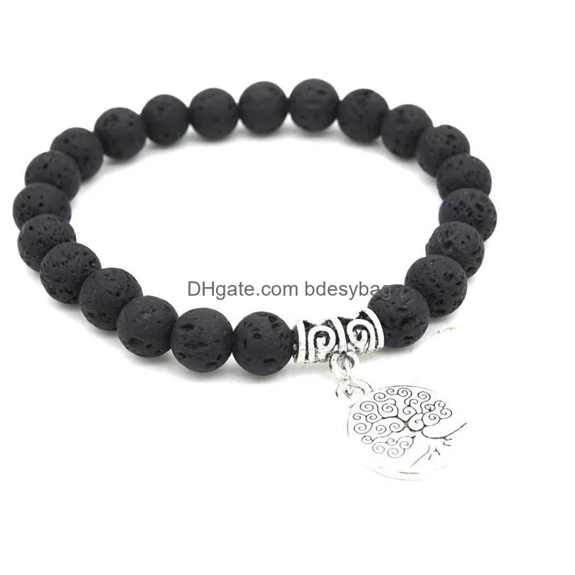 tree of life charms 8mm black lava stone beaded bracelet essential oil diffuser bracelet volcanic rock hand strings mki