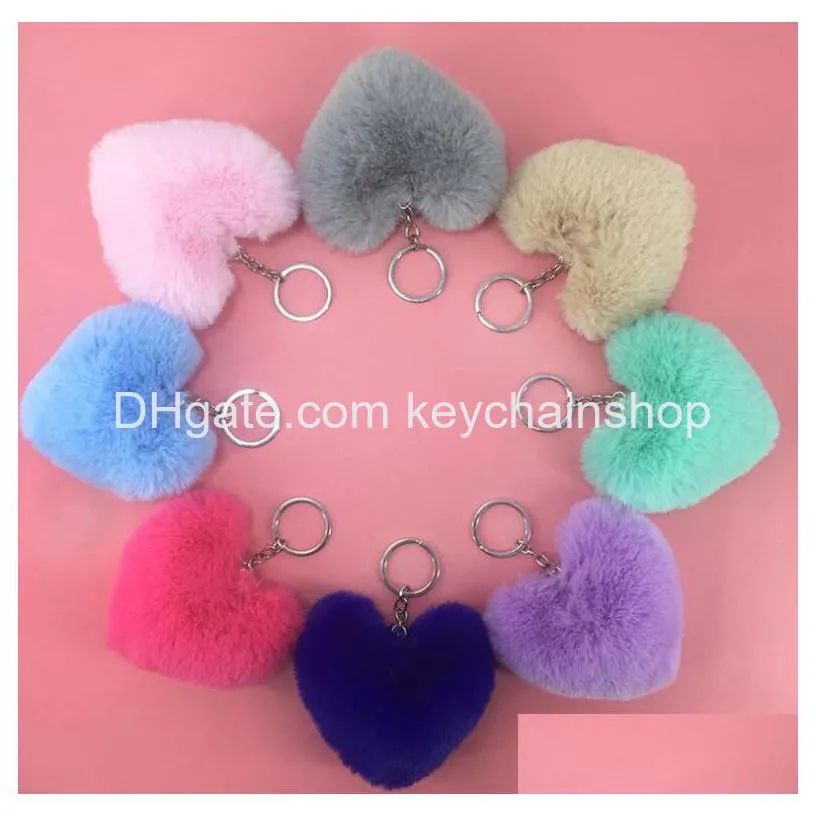 25 colors hot heart shaped popular key rings imitated rabbit fur ball keychain gift rabbit fur pendant fur pom pom accessory