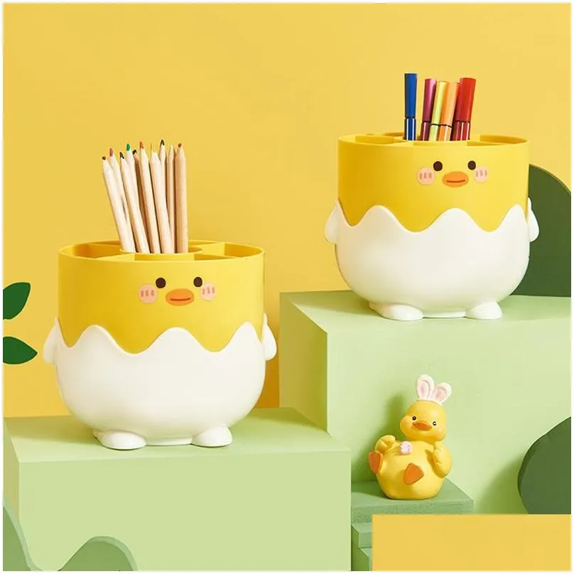 wholesale other desk accessories cute little yellow chicken pen holder large capacity pencil storage box desktop organizer stand case student stationery