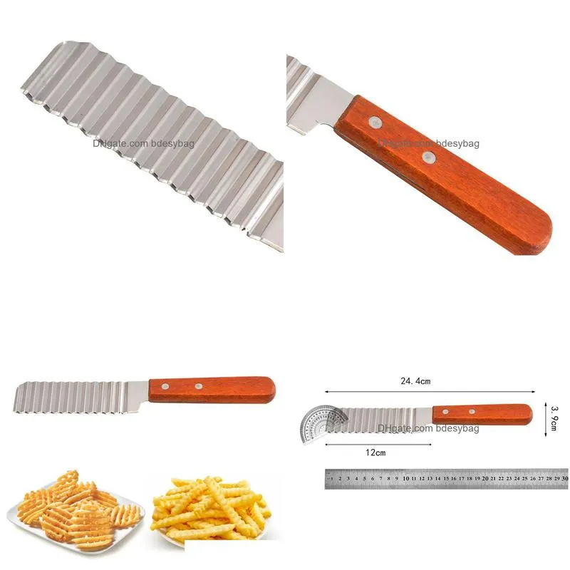 potato chip slicer french fries cutter stainless steel knife wood handle vegetable wavy cutting tools kitchen gadgets lx5146