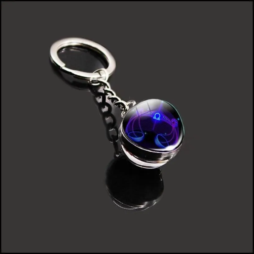 party favor 12 constellation time gem key pendant doublesided glass ball metal key charm wedding keyring chain buckle birthday valentines day