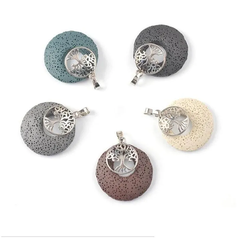 Pendant Necklaces Pendant Necklaces Tree Of Life Colourf Lava Stone  Oil Diffuser Jewelry Diy Rock Necklace Charmspendant Nec Dhab7