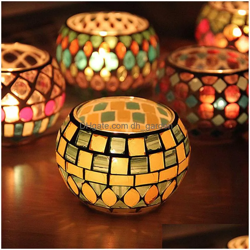 round glass candle holders colorful mosaic candlestick christmas home table decoration ornament