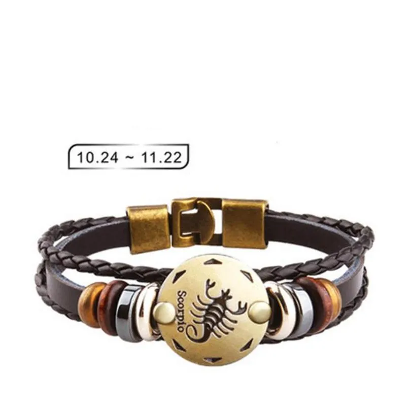 charm bracelets 12 constellation woven leather bracelet for women men vintage punk braided antifatigue alloy jewelry gift wholesale