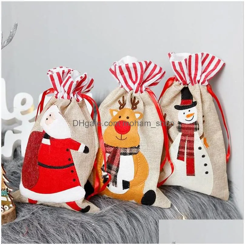 christmas decorations year linen three-dimensional embroidered candy bag drawstring bags gift pouch reusable packaging xmas