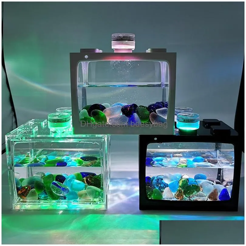 Aquariums Mini Aquarium Fish Tank With Led Lights Home Office Decoration Feeding Box Aquariums Accessories Drop Delivery Home Garden P Dhgfq