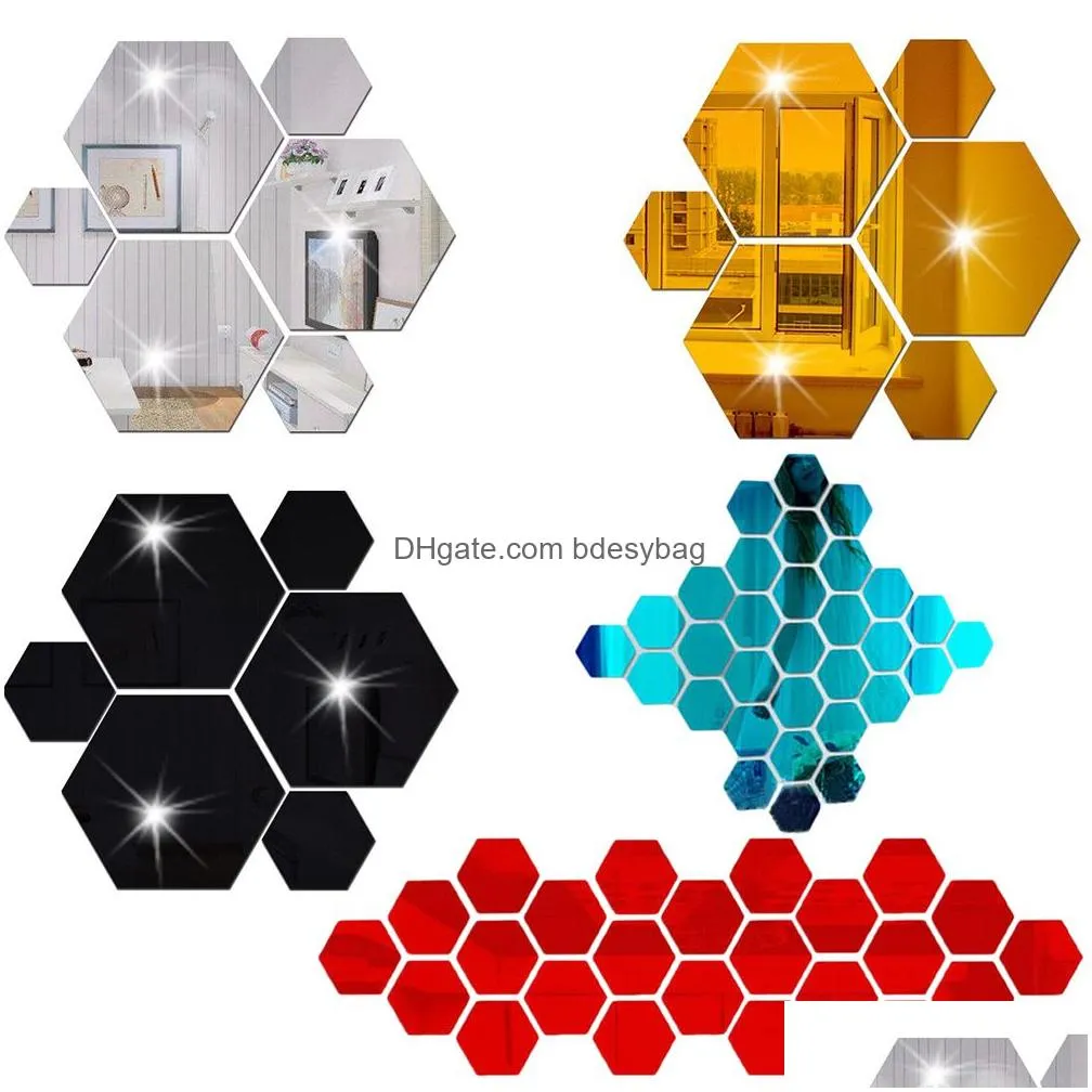 Wall Stickers Diy Mirror Wall Stickers Hexagon Home Decor Acrylic Tile Wallpaper Decoration Sticker Mural Removable Room Art Ornament Dhrjd