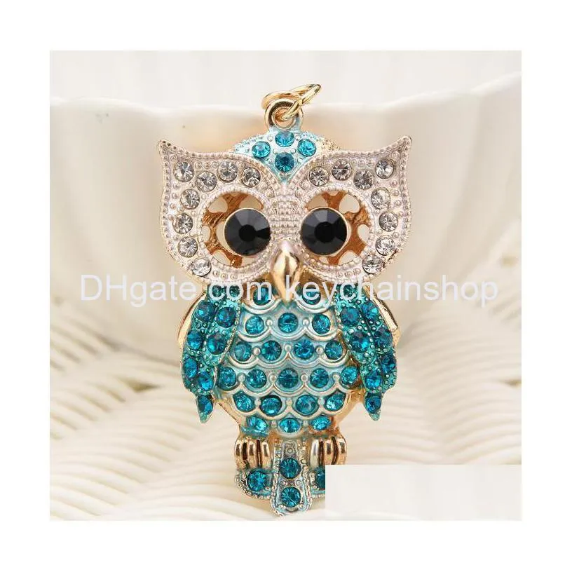 creative bag pendant inlaid with diamond owl metal keychain cute cartoon animal keychains car keyring