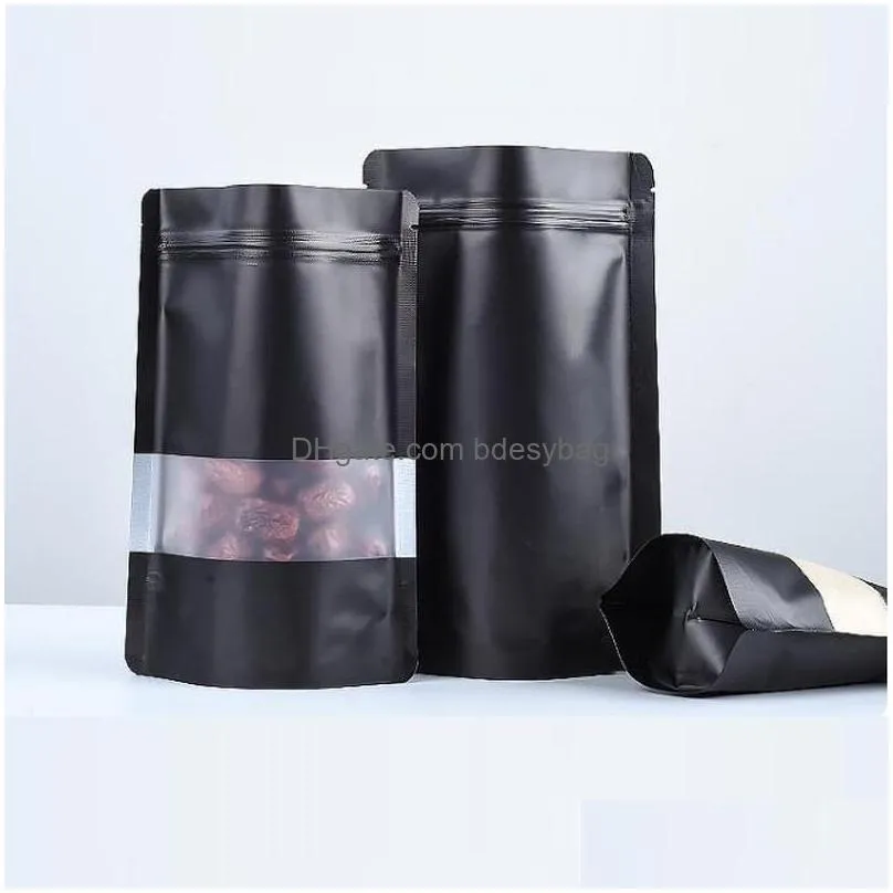 9 size black stand up aluminium foil bag with clear window plastic pouch zipper reclosable food storage packaging bag lx2688