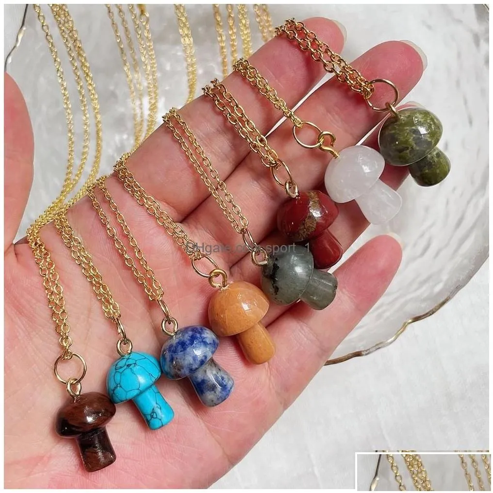 Pendant Necklaces Healing Natural Crystal Necklace Lovely Mushroom Charm Carnelian Opal Pink Purple Fashion Women Jewelry Drop Deliv