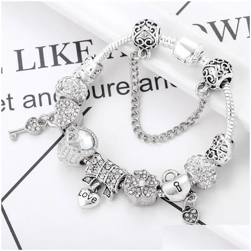 Charm Bracelets Fashion 925 Sterling Sier Love Bowknot Heart Locker Key Murano Lampwork Glass European Charm Beads Crystal Dangle Fits Dh3Iw