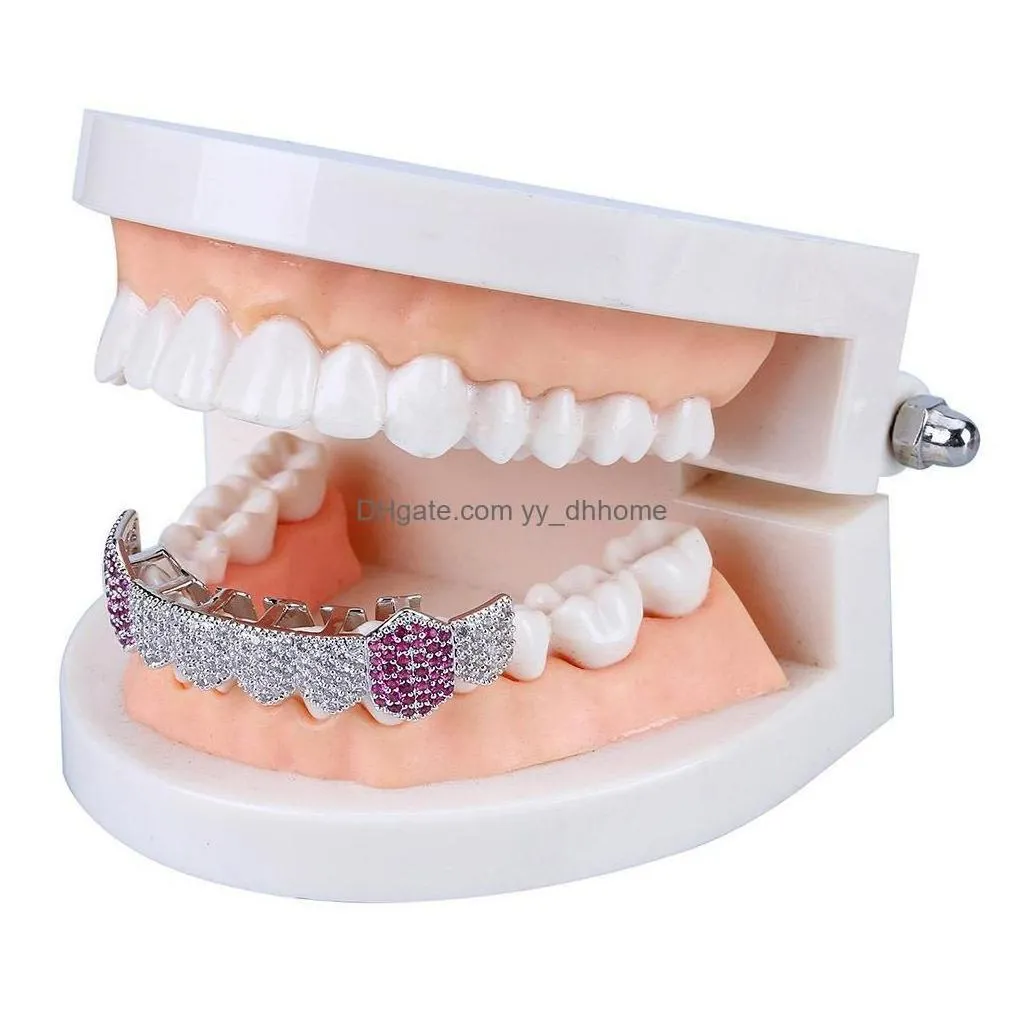 Grillz Dental Grills European And American Hip Hop Teeth 8Tooth Microinlaid Zircon Single Row Lower Gold Sier Braces Drop Delivery